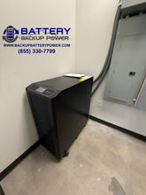 Load image into Gallery viewer, BBP-ADV 3 Phase 120/208Y UPS 15KVA 20KVA With Multiple Extended Backup Time External Battery Packs Connected Through Wall For Long Duration Battery Backup Without Generator Side By Side Hours Backup Days Backup Weeks Backup With Wrap Around Maintenance Bypass Switch On Wall Make Before Break Front View Conduit 
